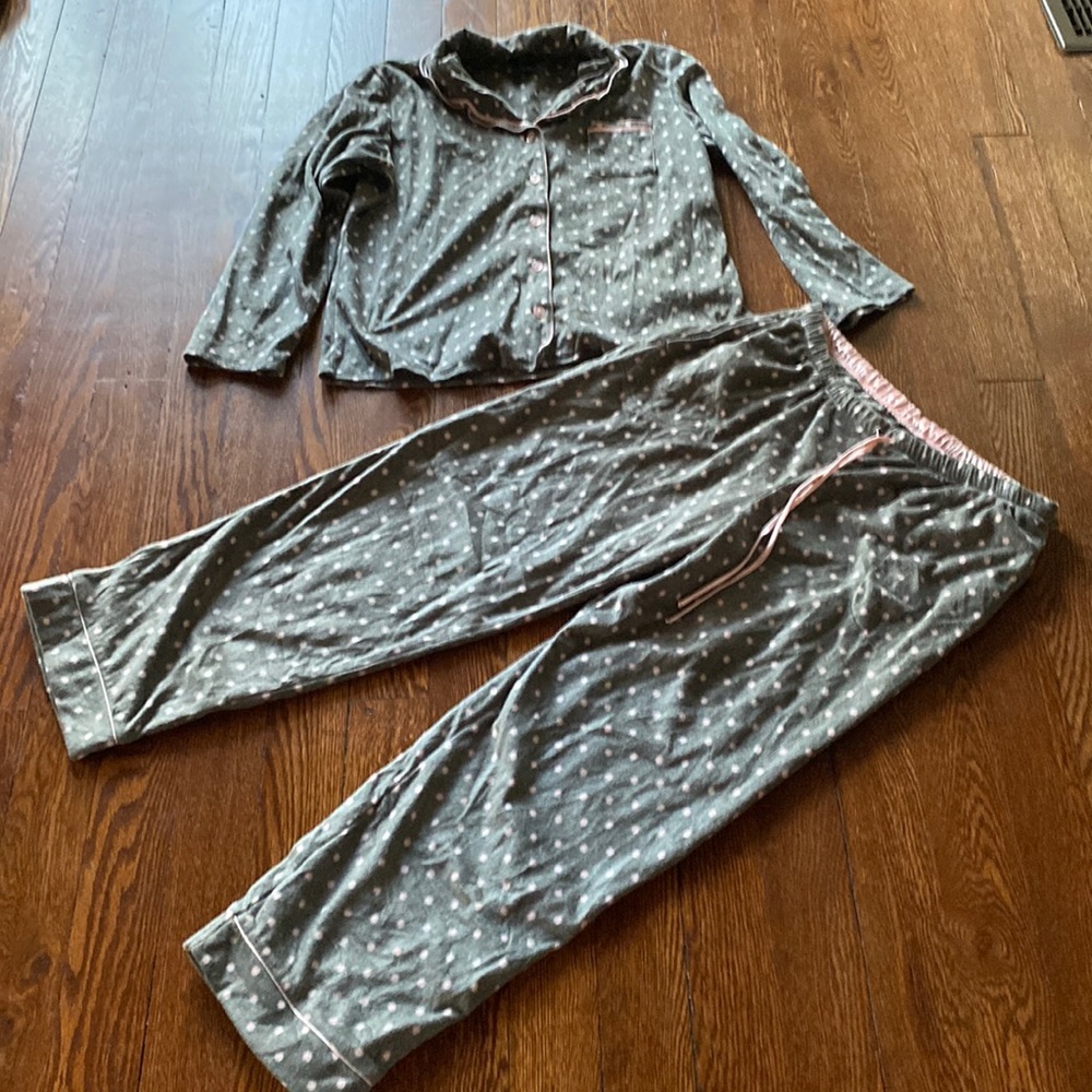 Aria Gray Pink Polka Dot Fleece Button Front Pajama Sleepwear Set SIZE L